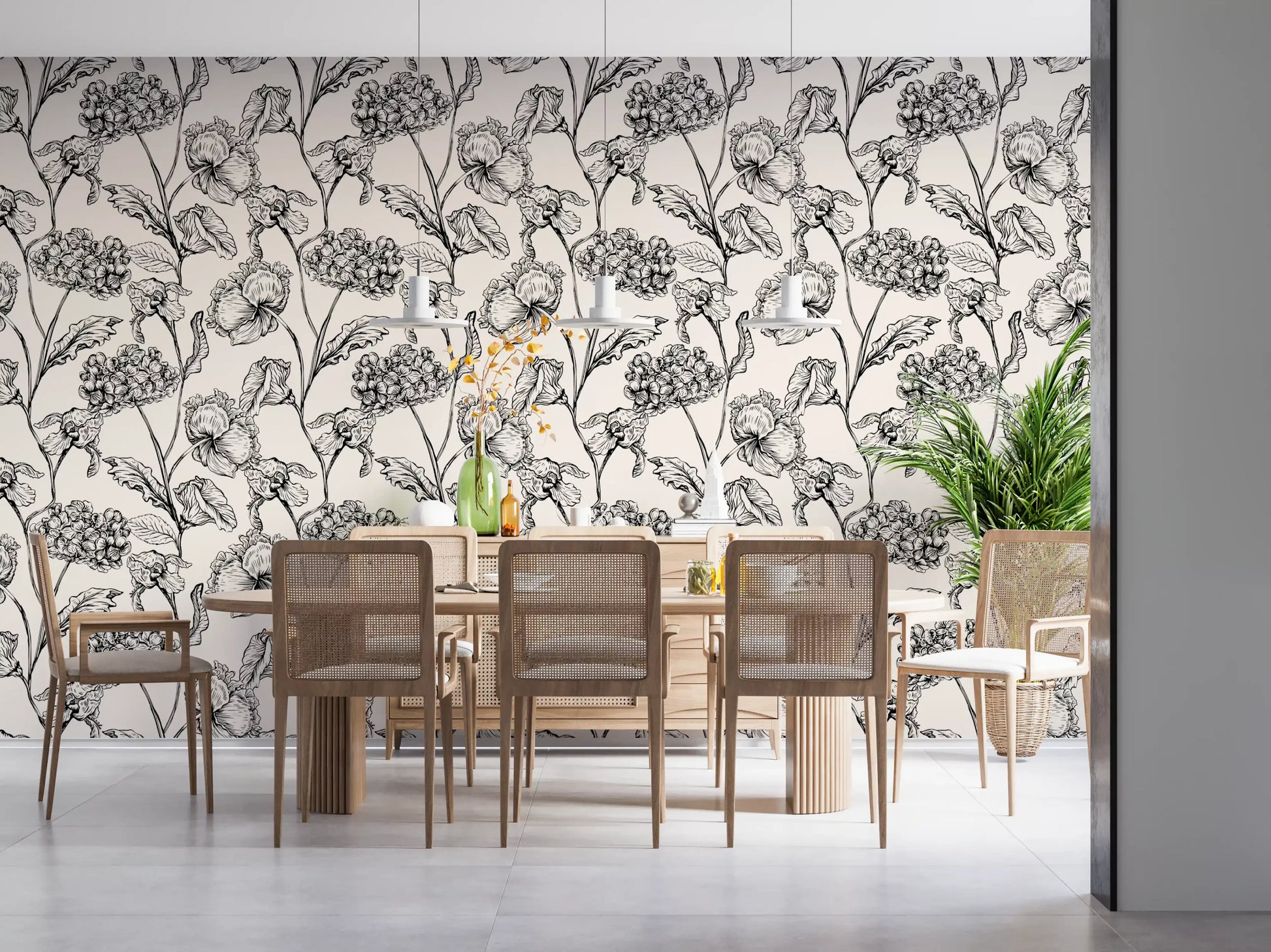 Monochrome Botanical Line Art Wallpaper⁠