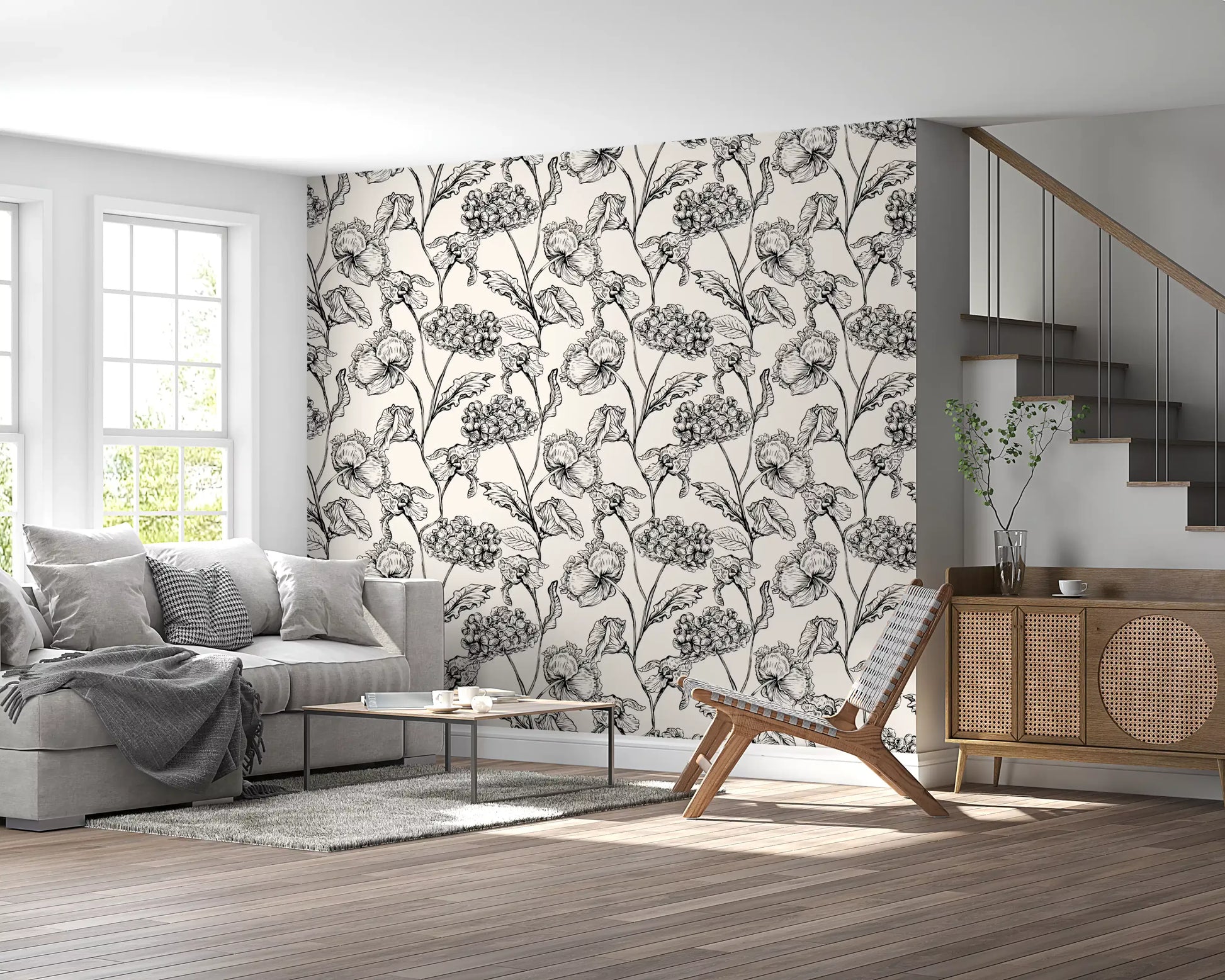 Monochrome Botanical Line Art Wallpaper⁠