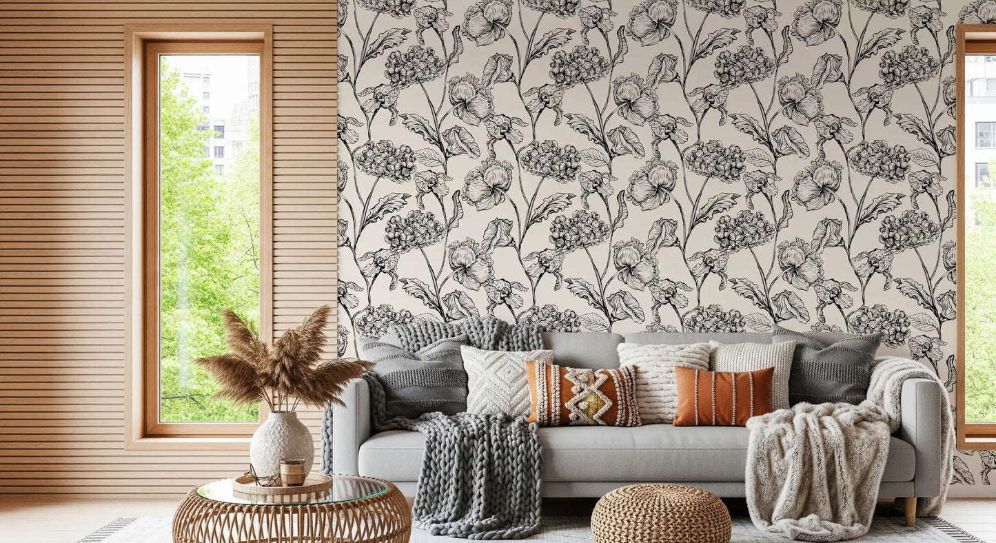 Monochrome Botanical Line Art Wallpaper⁠
