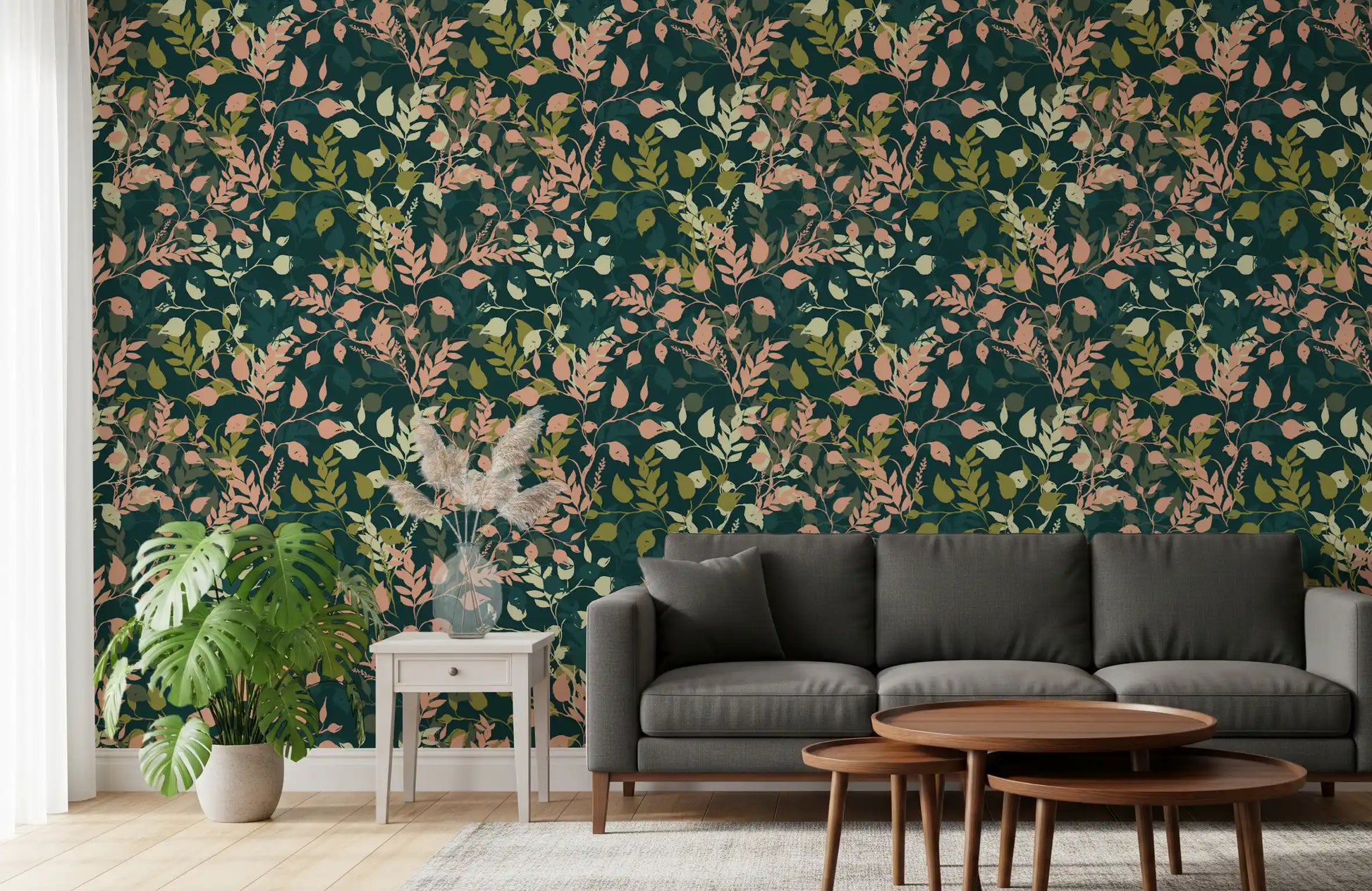 Midnight Garden Botanical Leaf Silhouette Wallpaper⁠