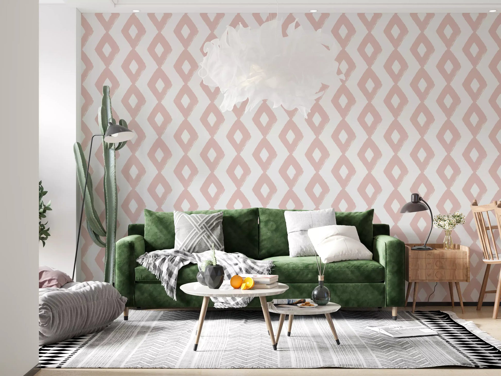 Soft Blush Hand-Painted Diamond Geometric Wallpaper⁠