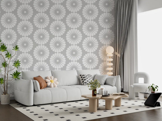 White sunburst motifs geometric wallpaper on light grey GD11735