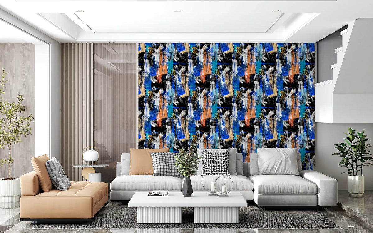 Abstract painted strokes wallpaper in blue orange and white GD11738