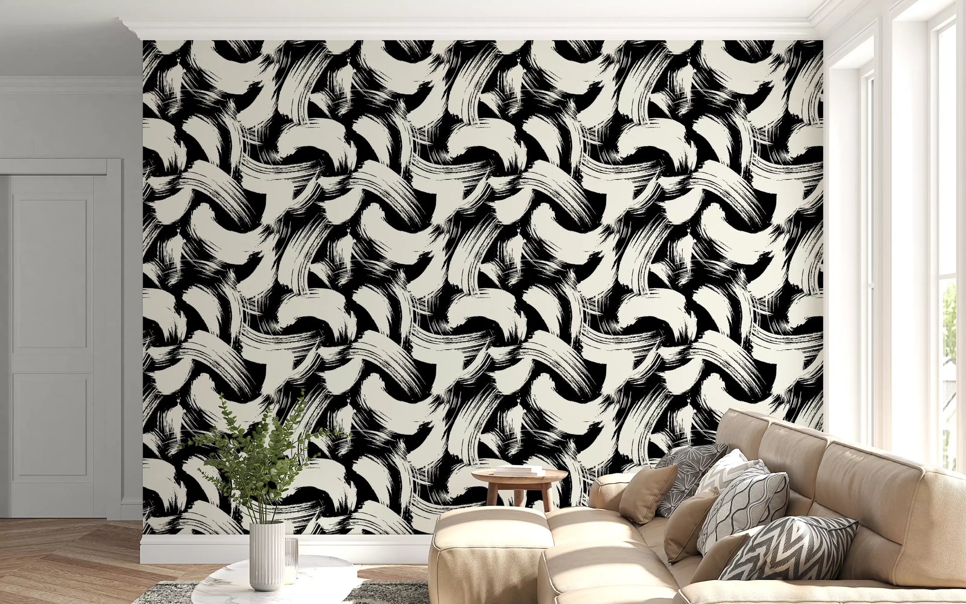 Monochrome Swirl Brushstrokes Wallpaper⁠