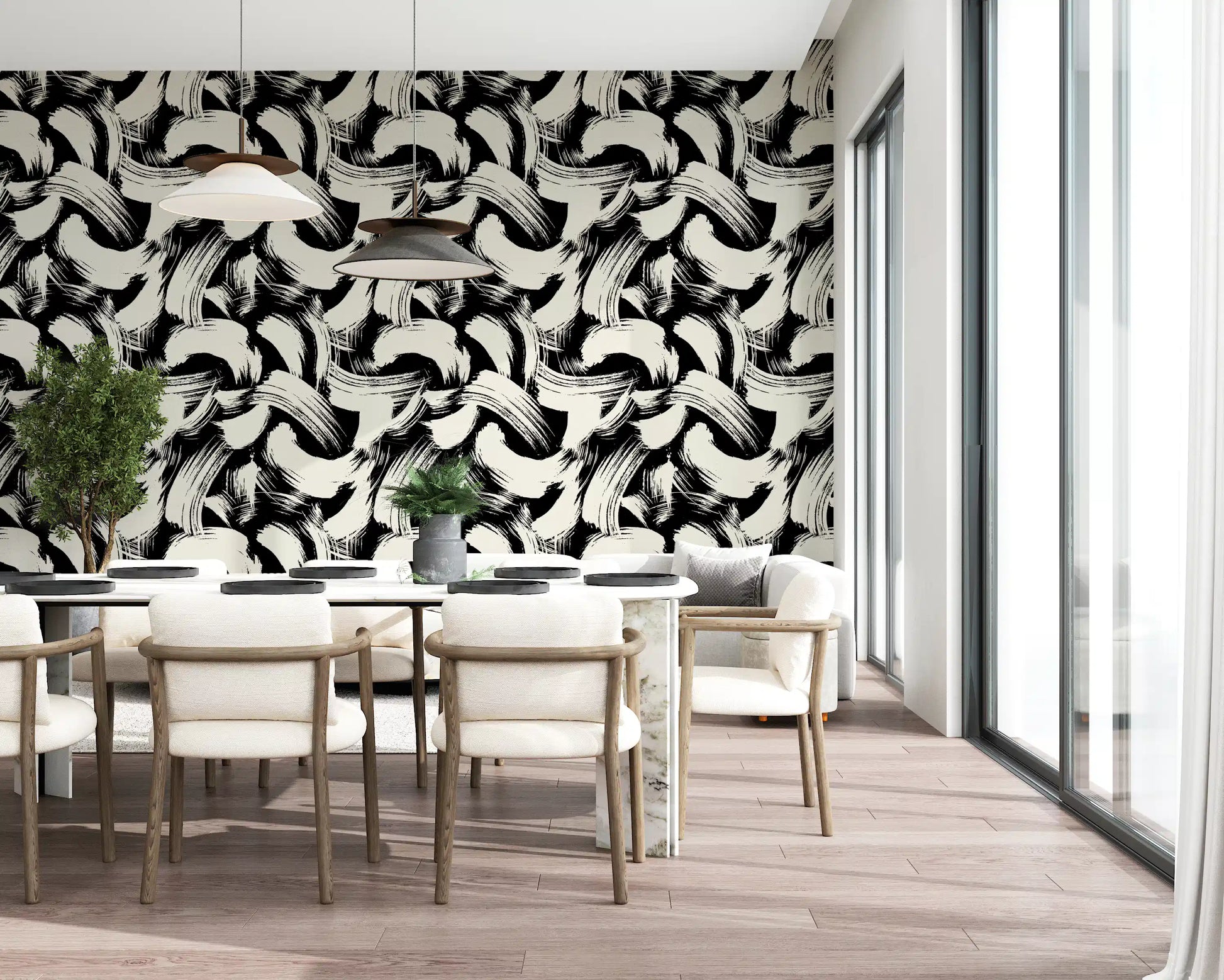 Monochrome Swirl Brushstrokes Wallpaper⁠