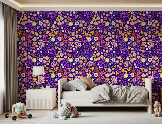 Boho whimsical petals wallpaper with flowers on deep purple for kids bedroom GD11740