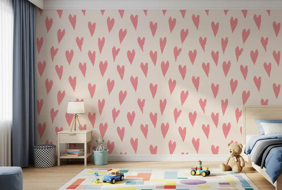 Soft pink heart strokes wallpaper on a warm cream ground for kids bedroom GD11743
