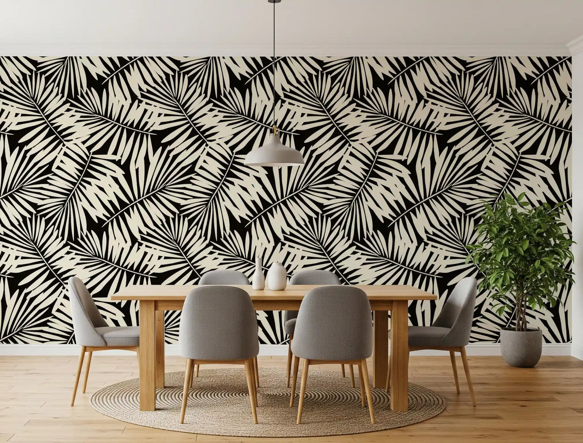 Minimalist palm leaf monochrome wallpaper in cream and black for dining room GD11744
