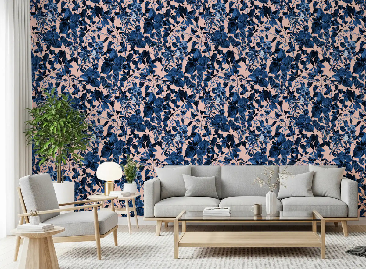 Indigo grove botanical wallpaper with blue leaves on living room wall GD11746
