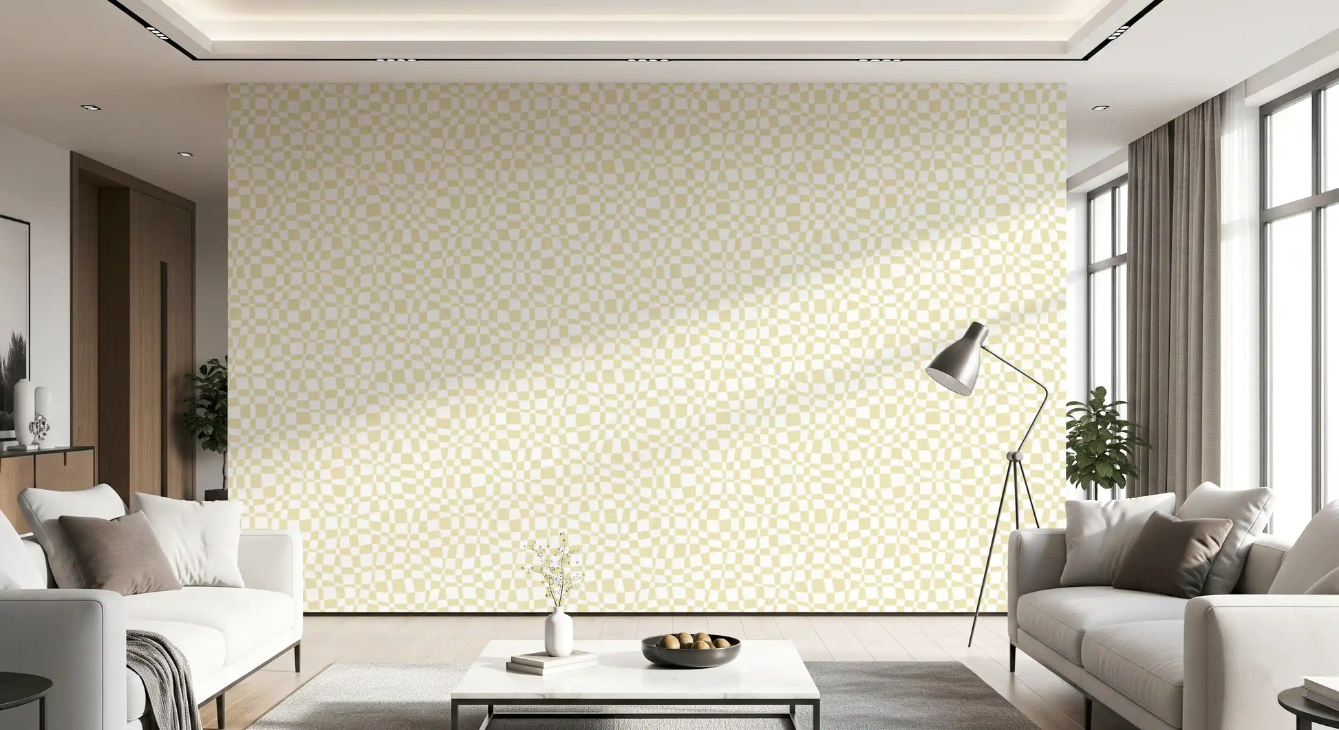 Cream and White Wavy Check Wallpaper⁠