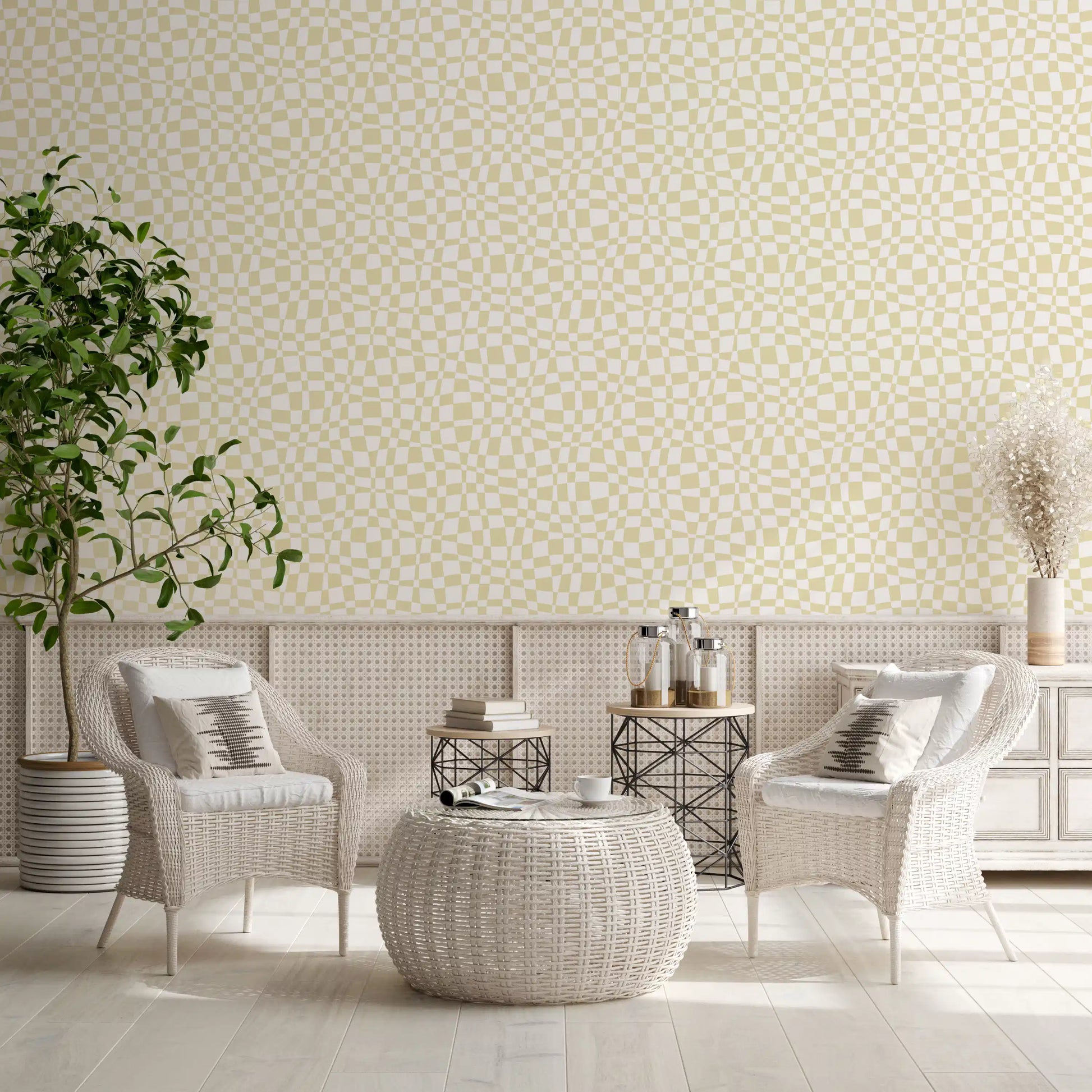Cream and White Wavy Check Wallpaper⁠