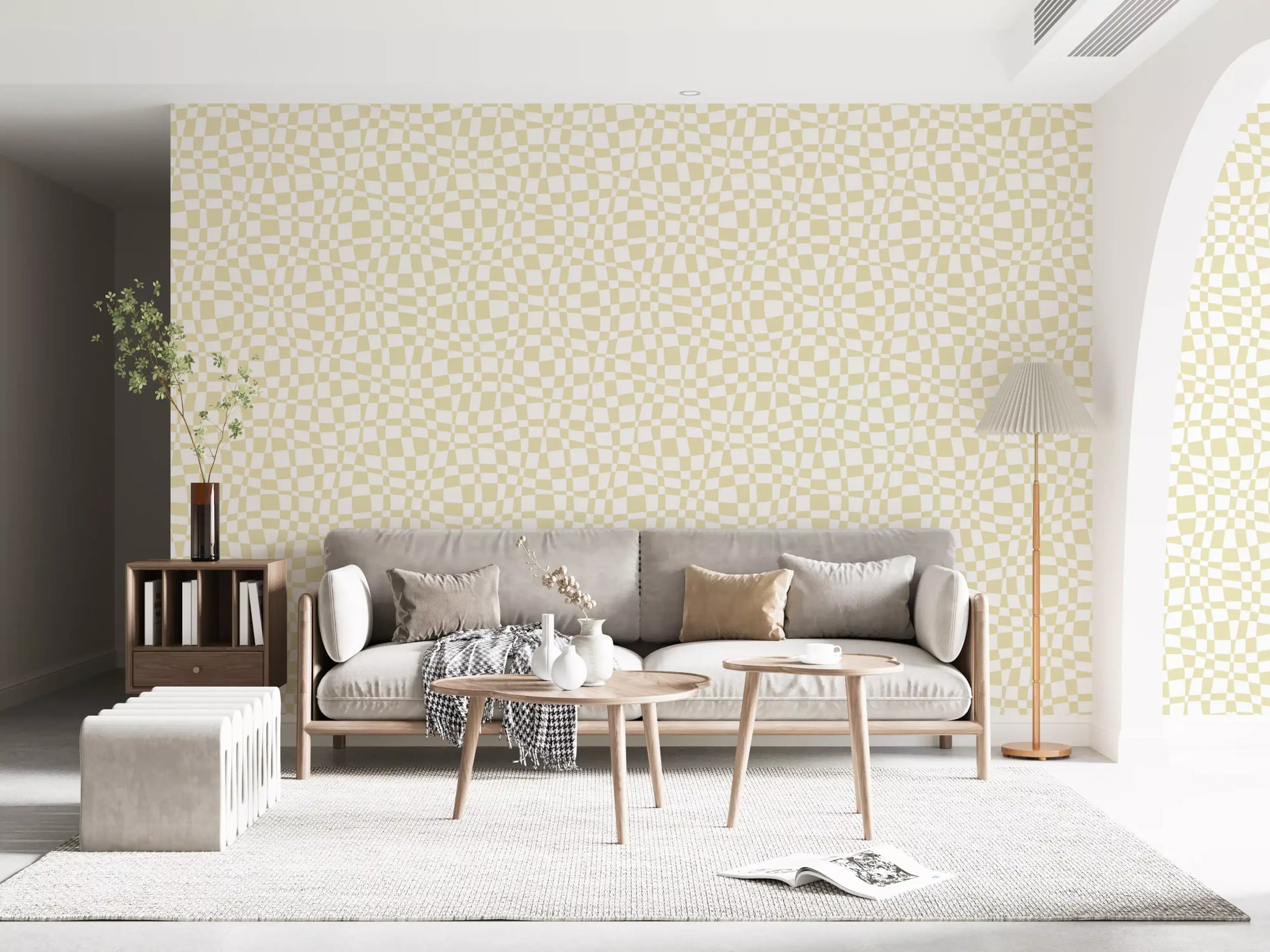 Cream and White Wavy Check Wallpaper⁠