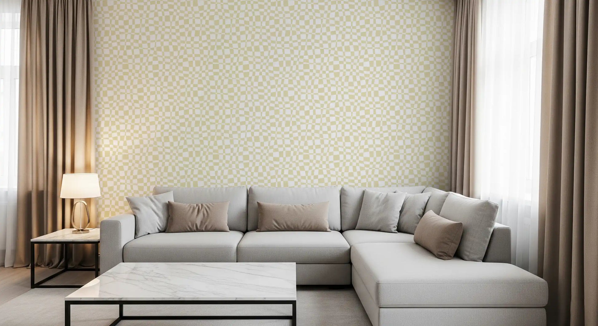 Cream and White Wavy Check Wallpaper⁠