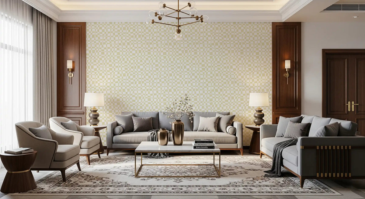 Wavy check wallpaper with cream squares curving over a white base in living room GD11748