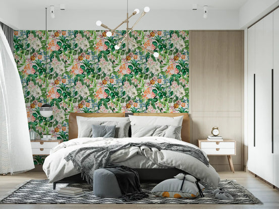 Vintage botanical wallpaper with tulips, poppies and green leaves in bedroom GD11750