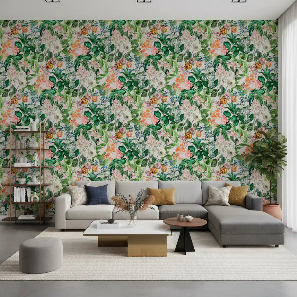 Spring meadow floral wallpaper with tulips and poppies on blush GD11751