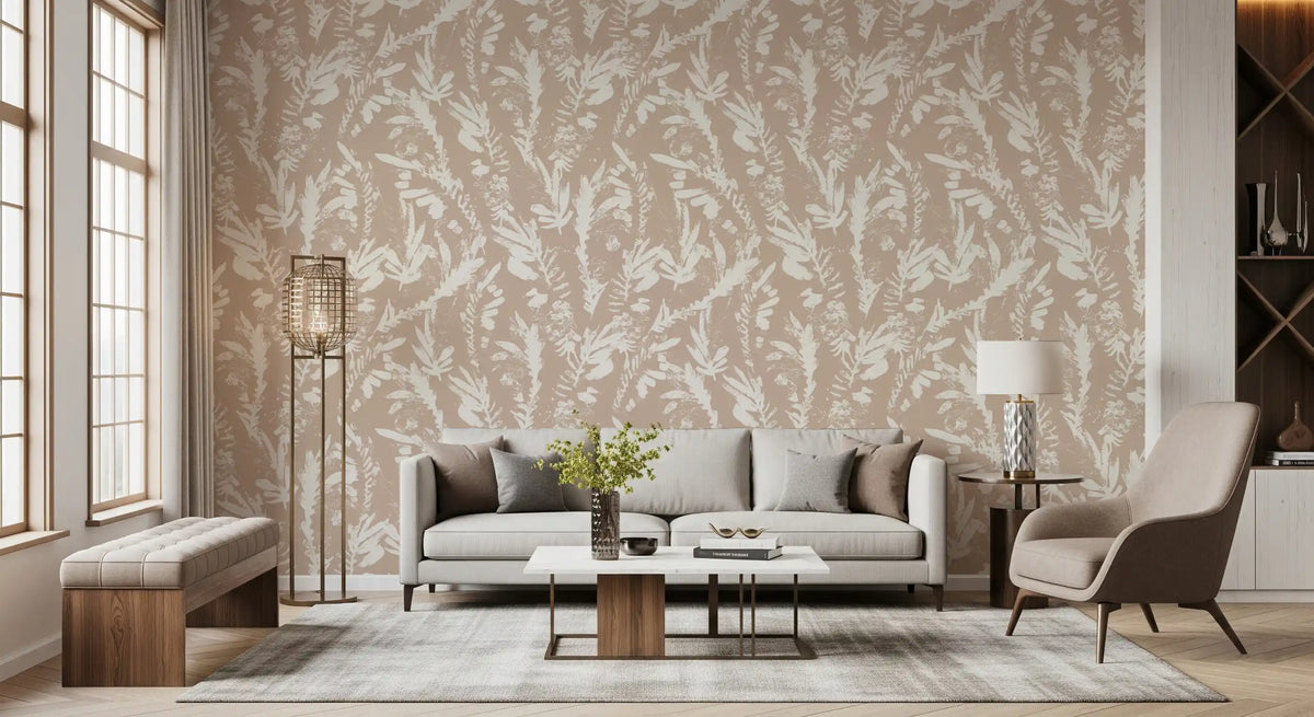Earthy brushstroke leaves wallpaper in cream on warm taupe for living room GD11752