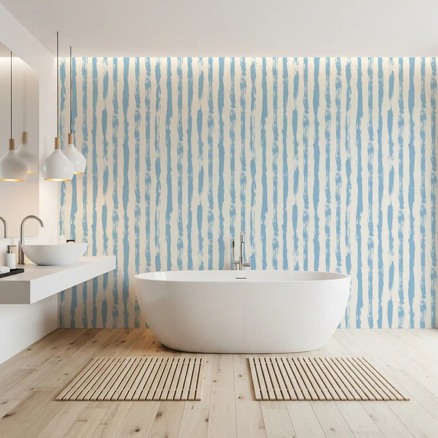 Coastal Blue Vertical Brushstroke Stripes Wallpaper⁠