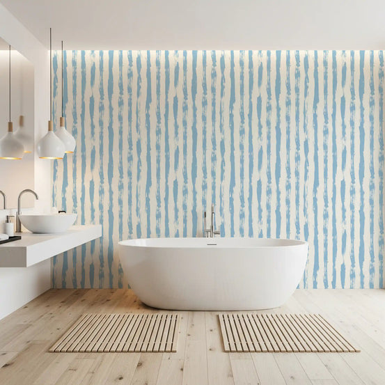 Coastal blue brushstroke stripe wallpaper on a cream ground for bathroom GD11755