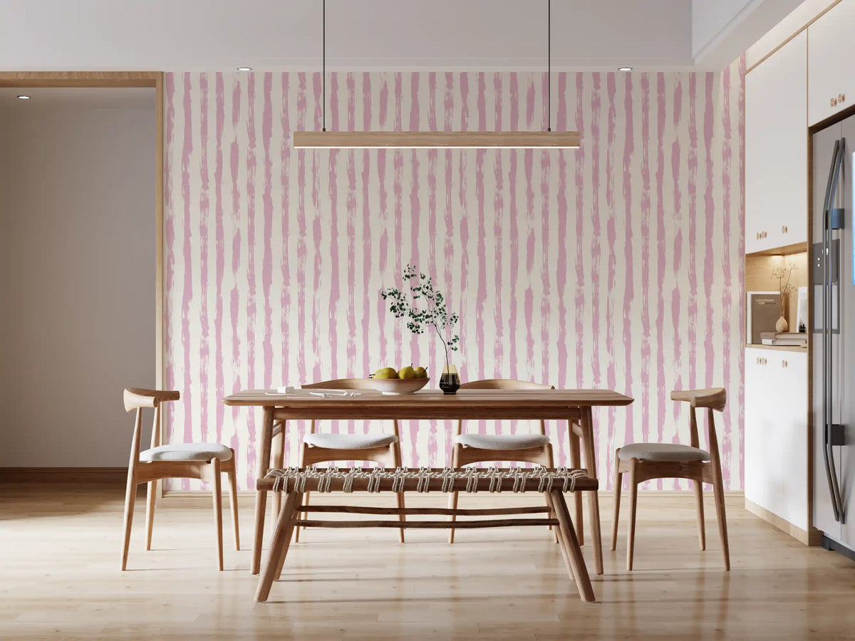 Soft blush vertical stripe wallpaper with brushed pink bands in dining room GD11757