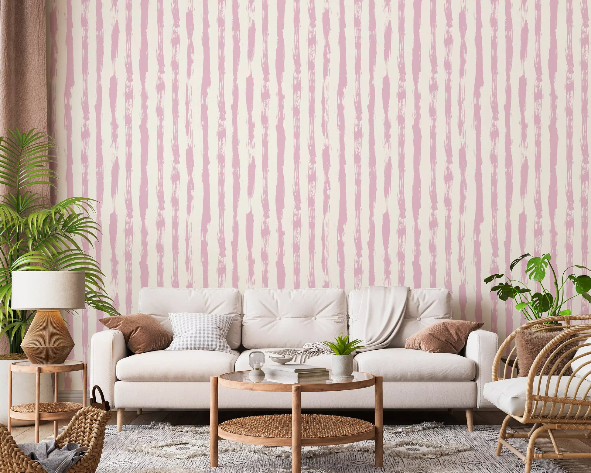 Soft Blush Hand-Painted Vertical Stripes Wallpaper⁠