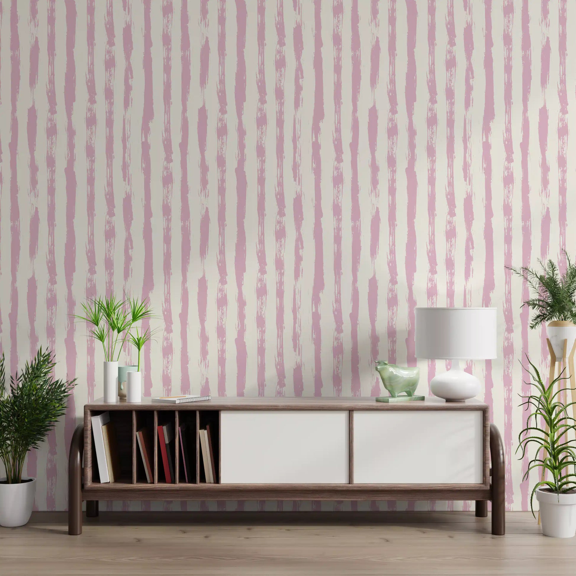 Soft Blush Hand-Painted Vertical Stripes Wallpaper⁠