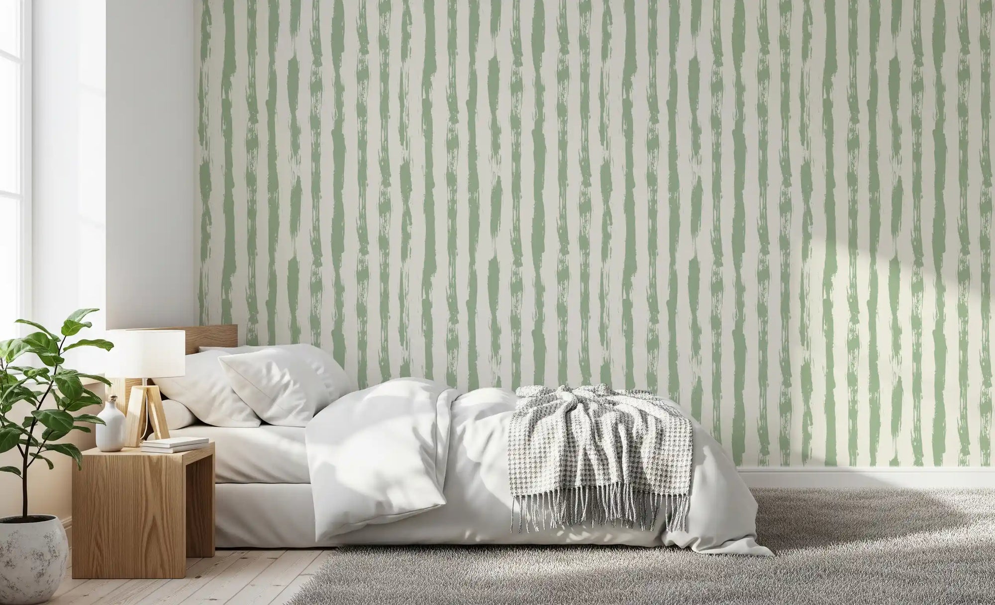 Sage Hand-Painted Vertical Stripes Wallpaper⁠