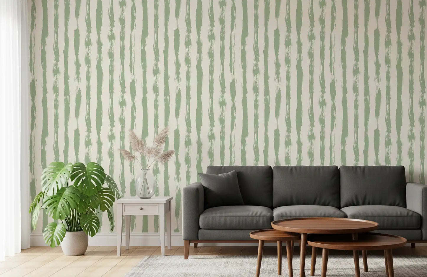 Sage Hand-Painted Vertical Stripes Wallpaper⁠
