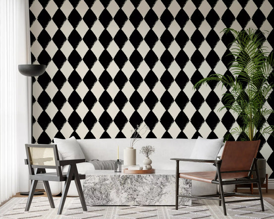 Textured harlequin brushwork wallpaper in black and cream on living room GD11765