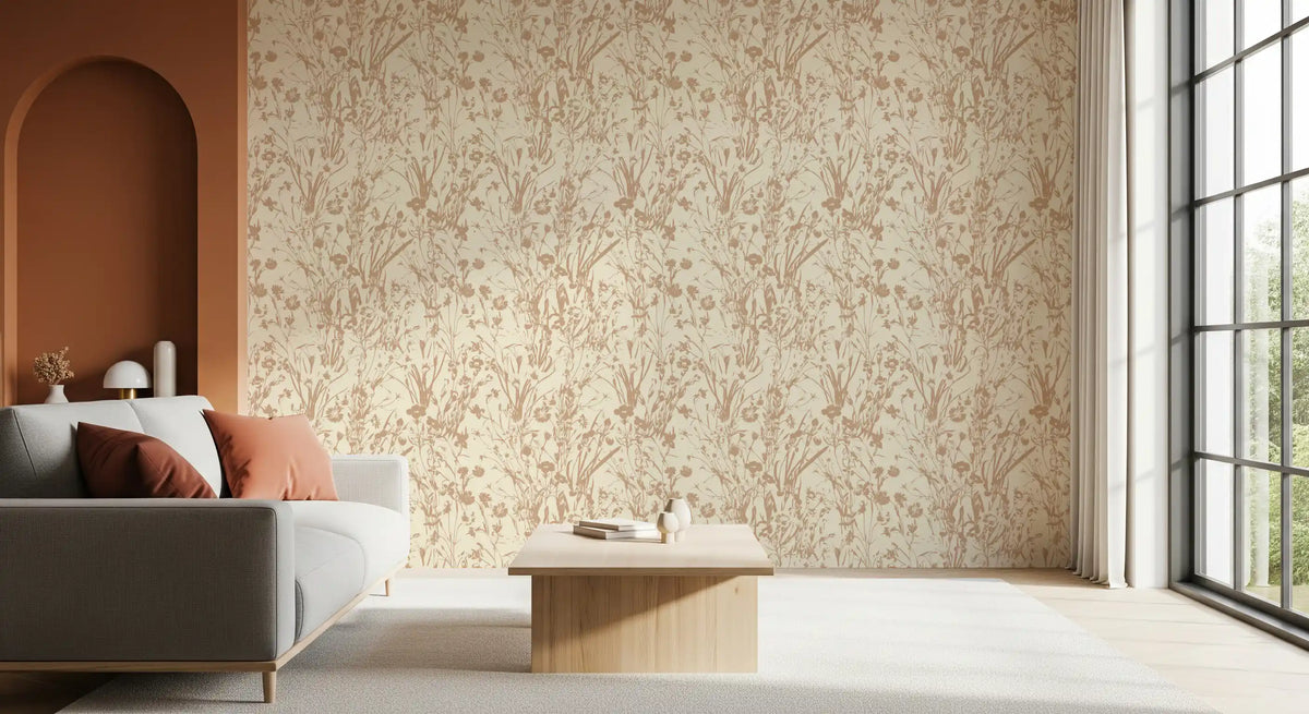 Rustic botanical line wallpaper with clay wildflowers on living room GD11766