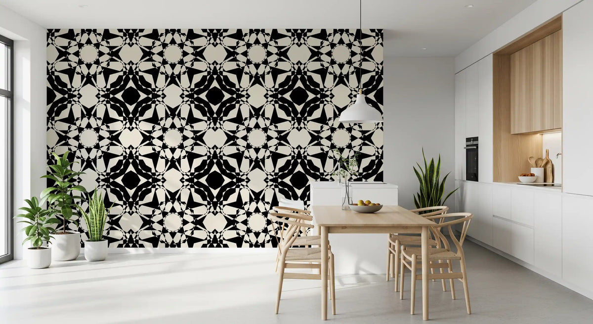 Interlocking geometric monochromatic pattern wallpaper in black and cream on dining room wall GD11767