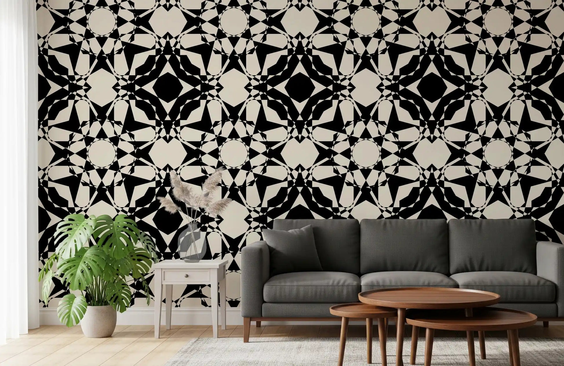 Interlocking Geometric Monochromatic Pattern Wallpaper⁠