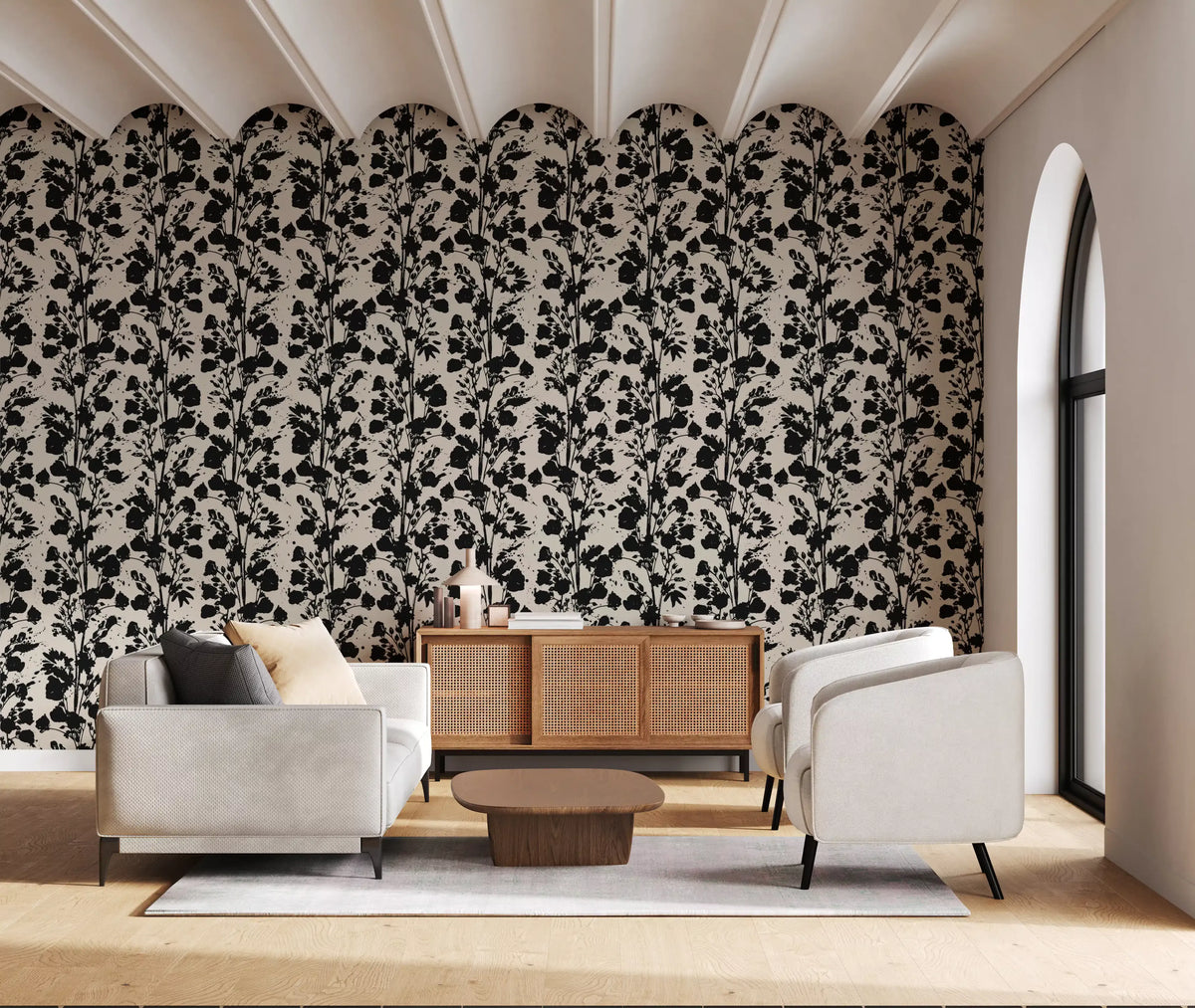 Ink blossom silhouette wallpaper in black on warm cream for living area GD11768