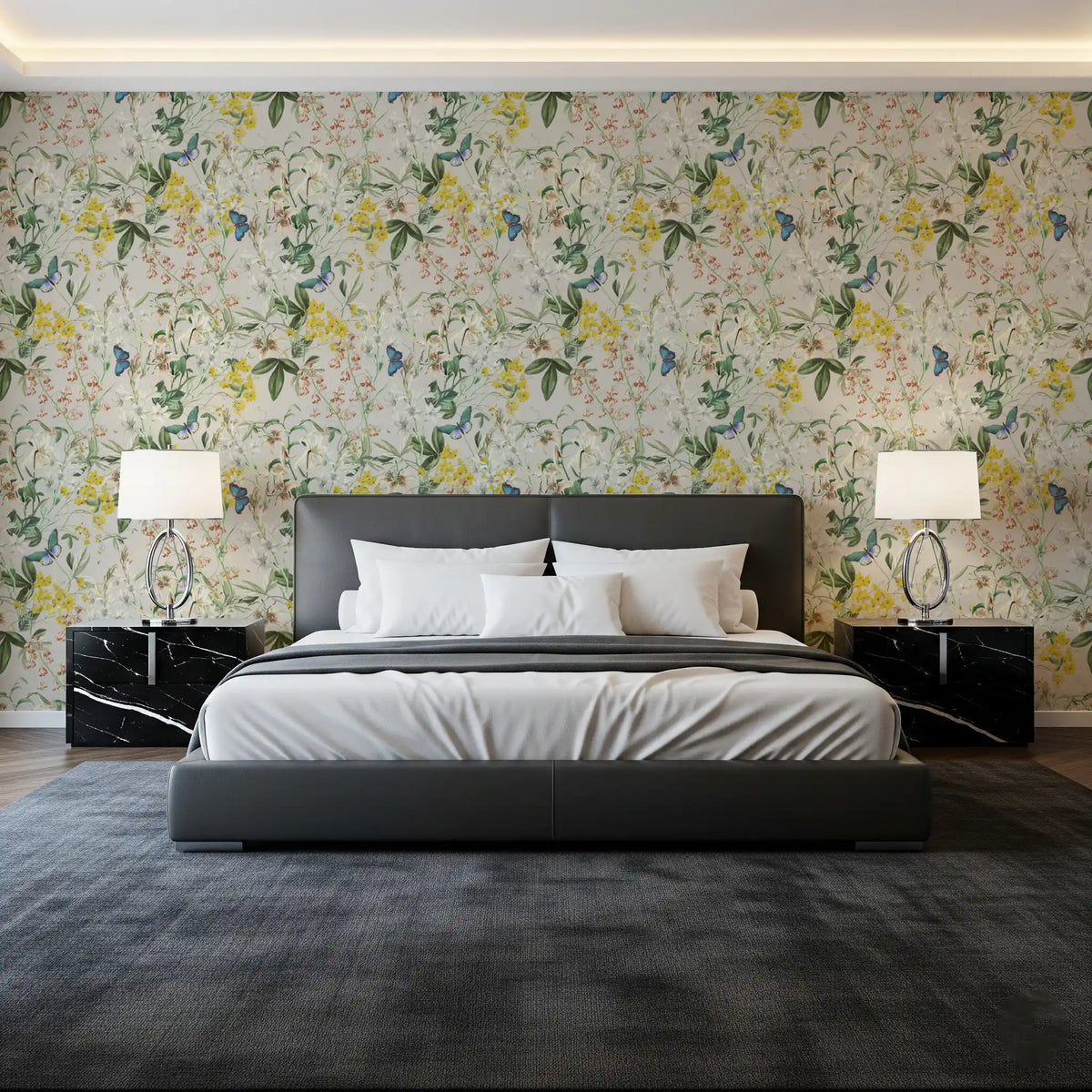Meadow butterfly garden wallpaper with yellow blooms on bedroom wall GD11769