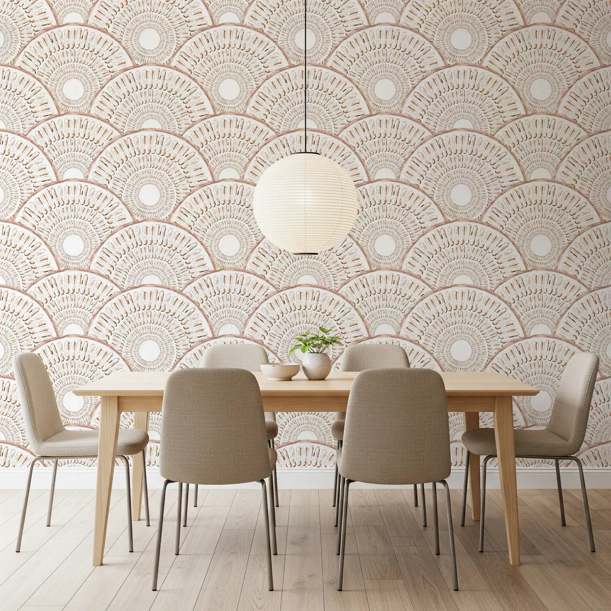 Fan radiating arcs wallpaper in terracotta on a white ground for dining room GD11770