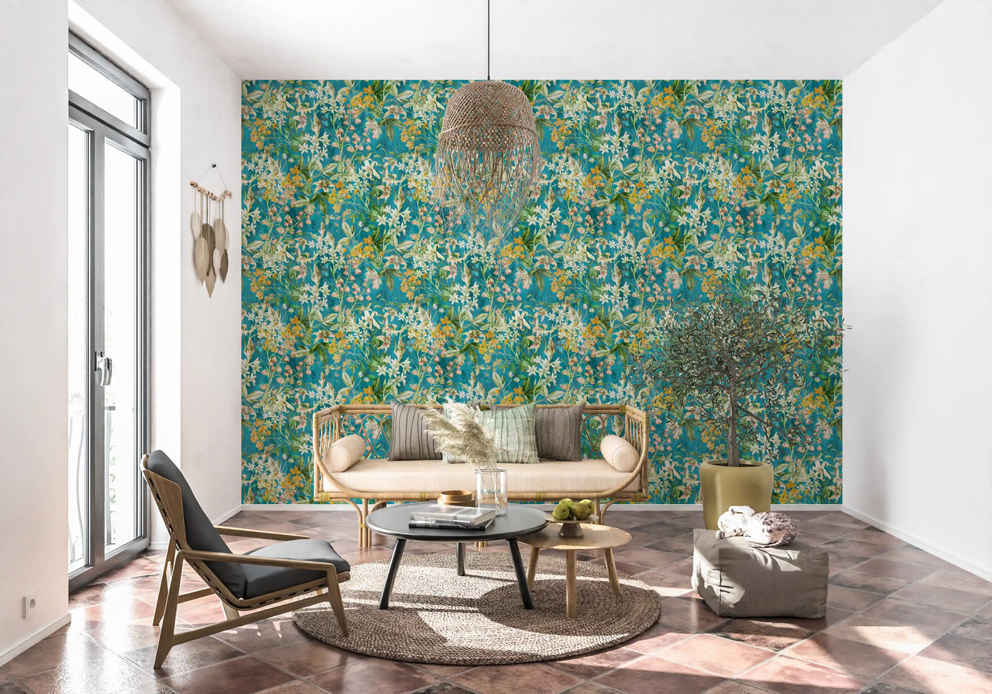Turquoise Meadow Botanical Illustration Wallpaper⁠