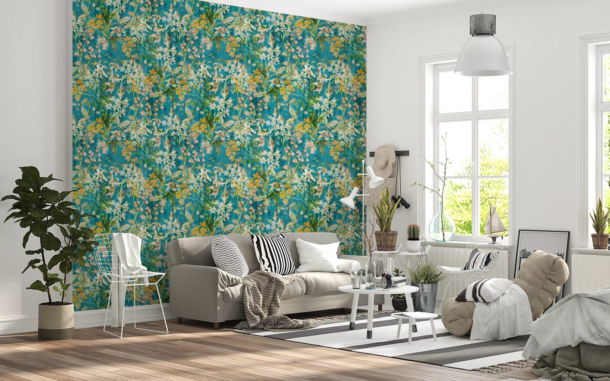 Turquoise Meadow Botanical Illustration Wallpaper⁠