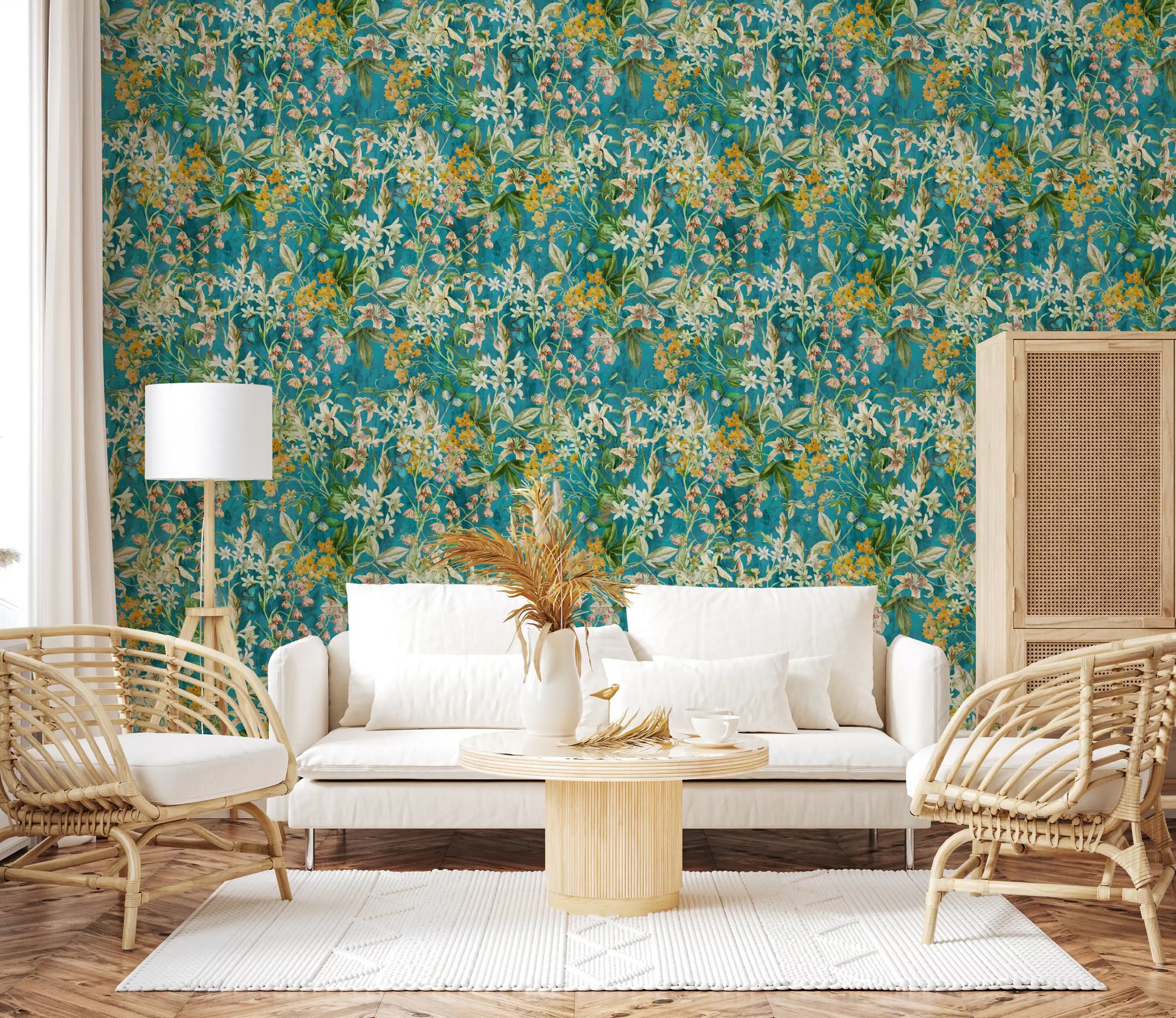 Turquoise Meadow Botanical Illustration Wallpaper⁠