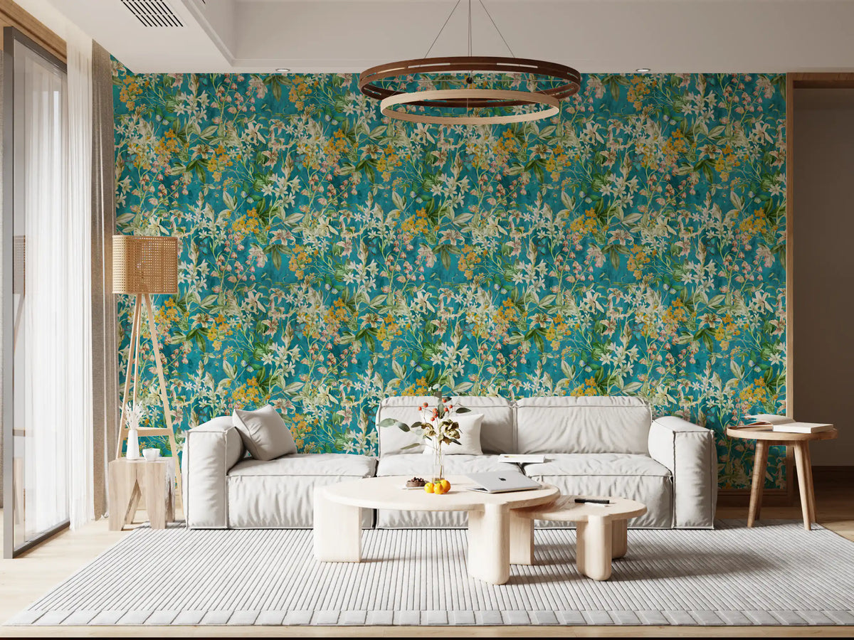 Turquoise meadow botanical illustration wallpaper with cream lilies in living room GD11771