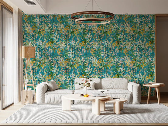 Turquoise meadow botanical illustration wallpaper with cream lilies in living room GD11771