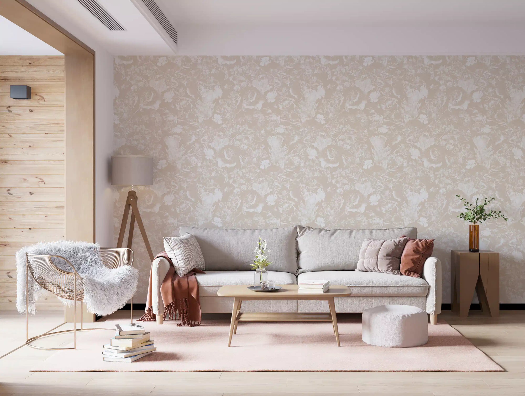 Cream Botanical Line Art Wallpaper⁠