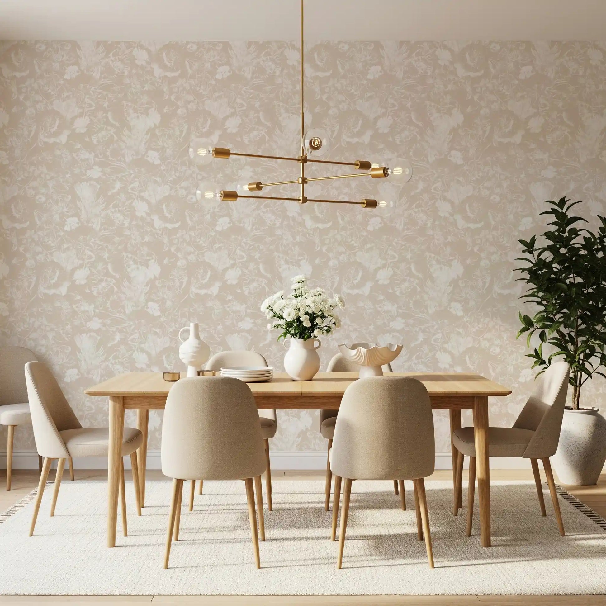 Cream Botanical Line Art Wallpaper⁠