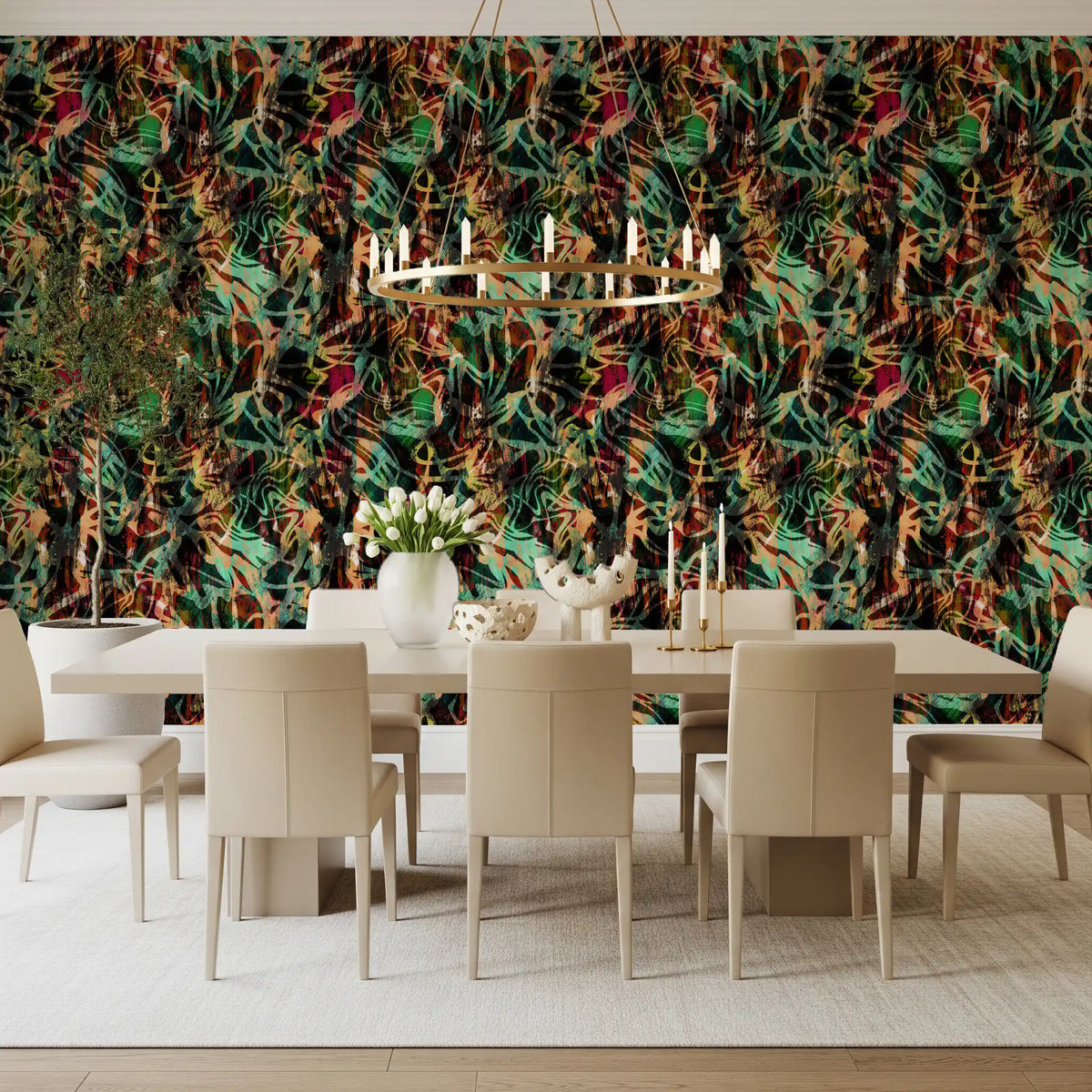 Abstract painted wallpaper with teal, red and orange brushstrokes in dining room GD11776