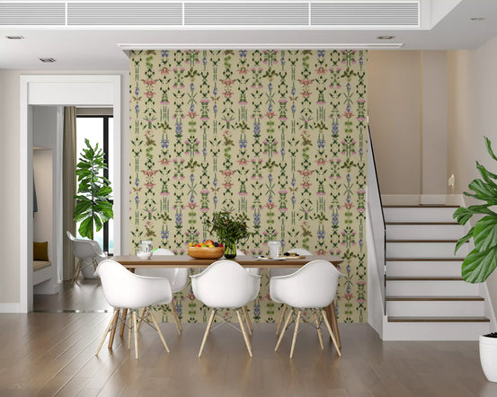 Botanical wallpaper with pink thistles and purple wildflowers on dining room GD11778