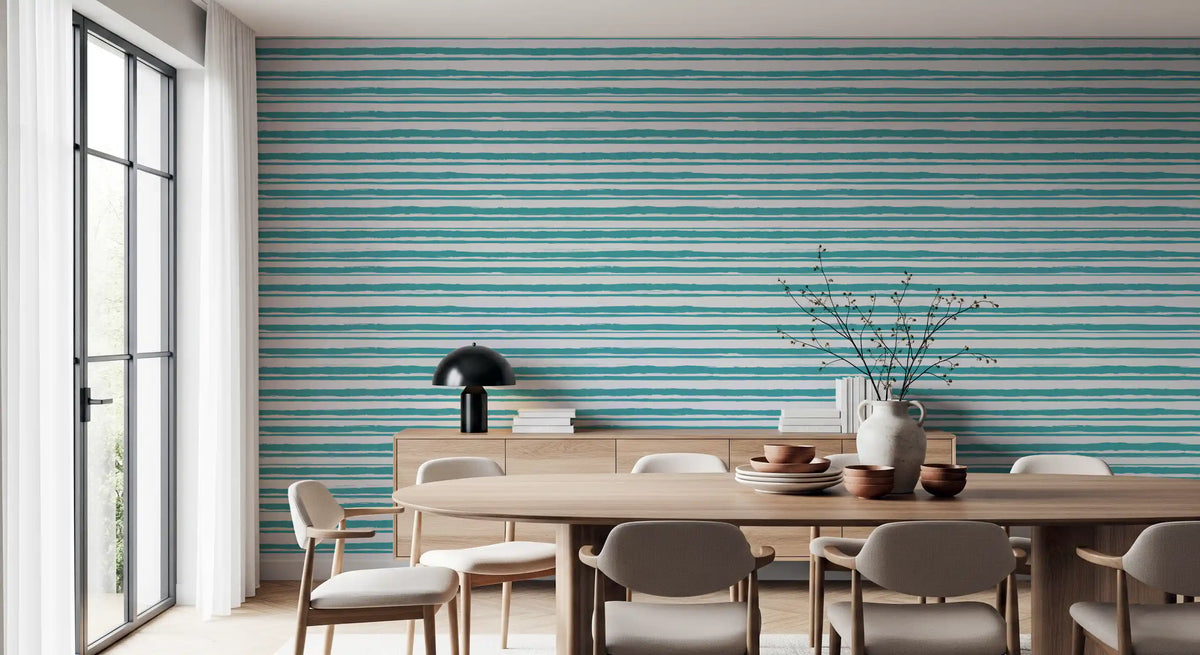 Striped wallpaper with brushed teal lines on a white background GD11780