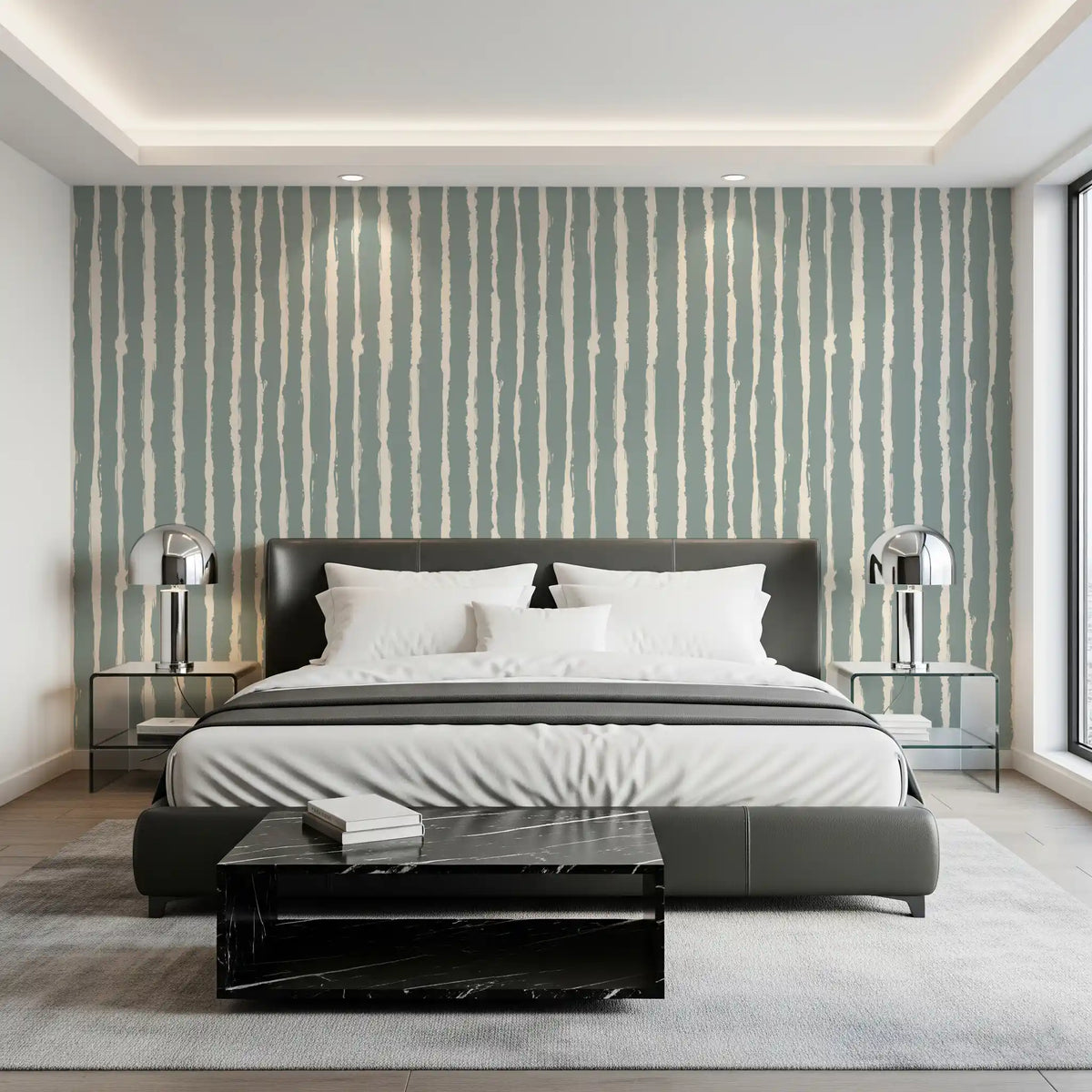 Striped wallpaper with brushed sage green lines on a cream ground in bedroom GD11781
