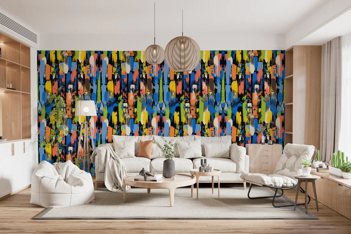 Abstract wallpaper with bold multicoloured brushstrokes in living room GD11784