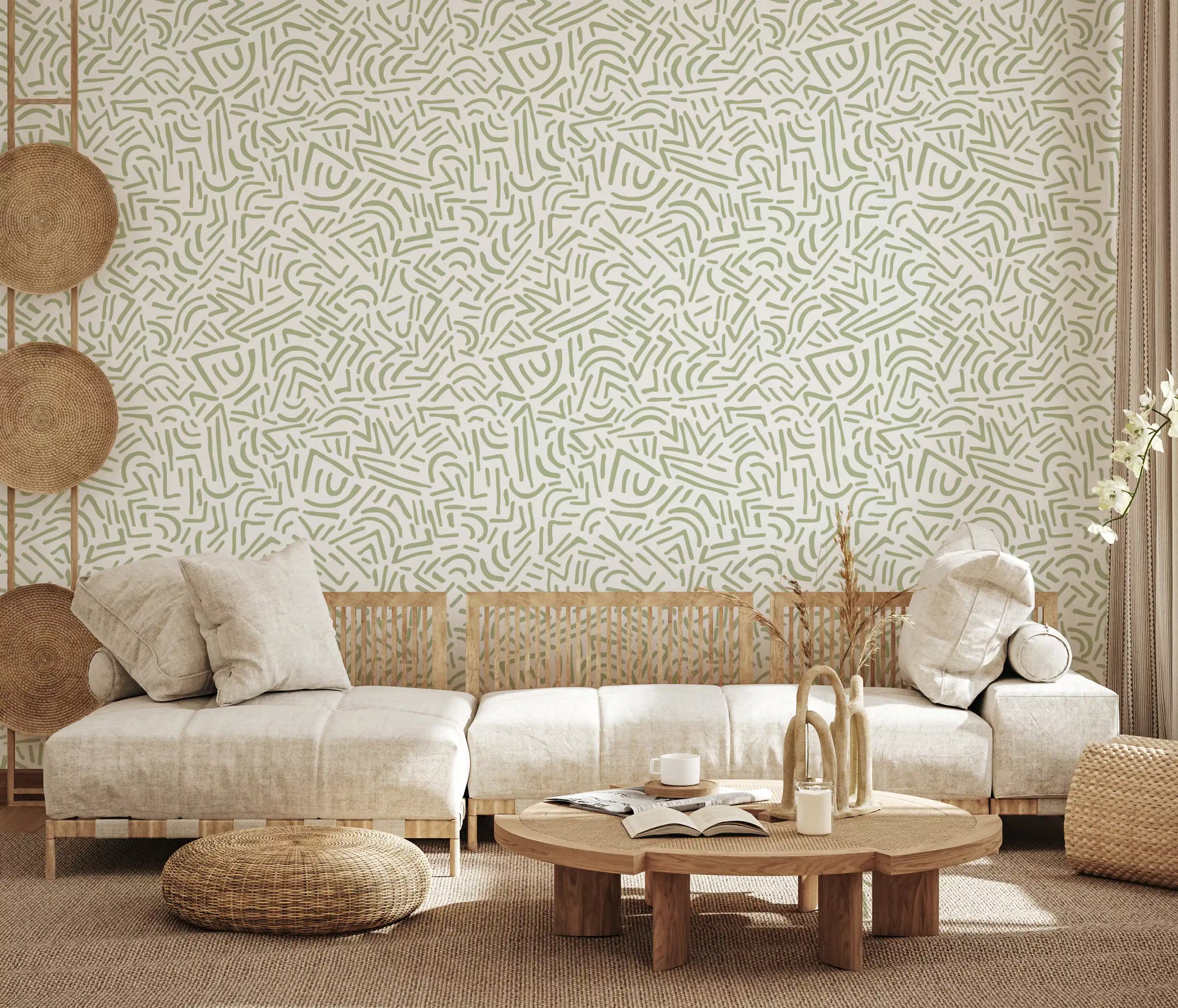 Sage Organic Rhythmic Sketch Wallpaper⁠