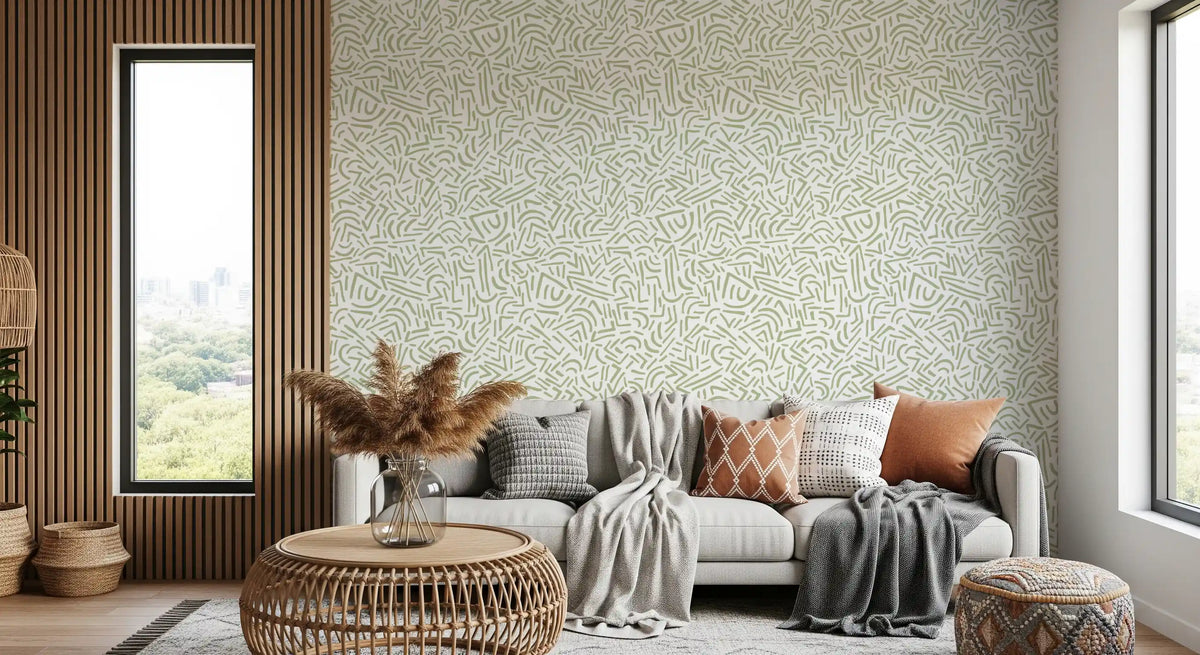 Abstract wallpaper with sage green sketch lines on a white ground in living room GD11785