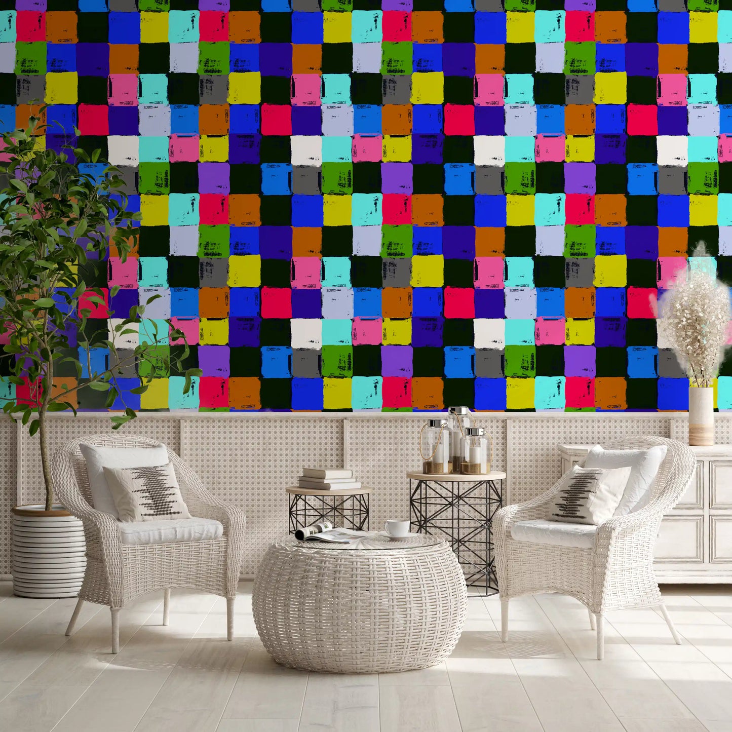 Vibrant Painted Patchwork Squares Wallpaper⁠